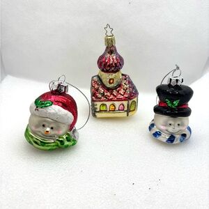 Set of 3 Hand Blown Glass Festive Holiday Ornaments - Snowman, Church